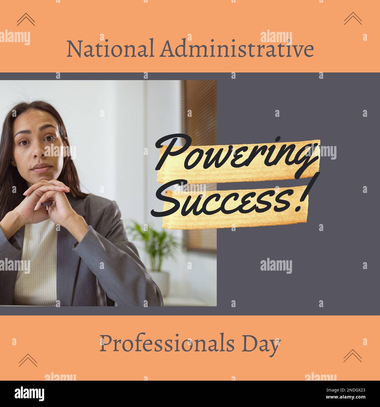 Composition of national administrative professionals day text over businesswoman in office Stock