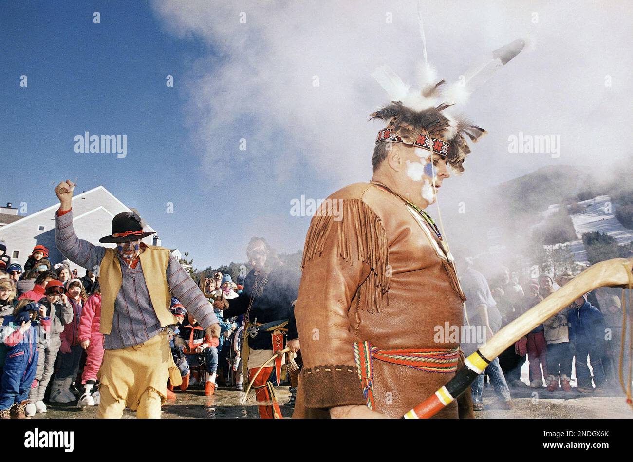 Abenaki Indians do a snow dance at Vermont ski resort, Jan. 22, 1989 ...