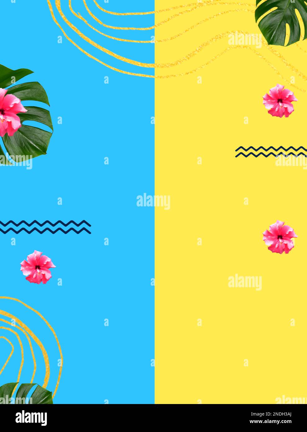 illustration of a beautiful blue and yellow summer poster with pink ...