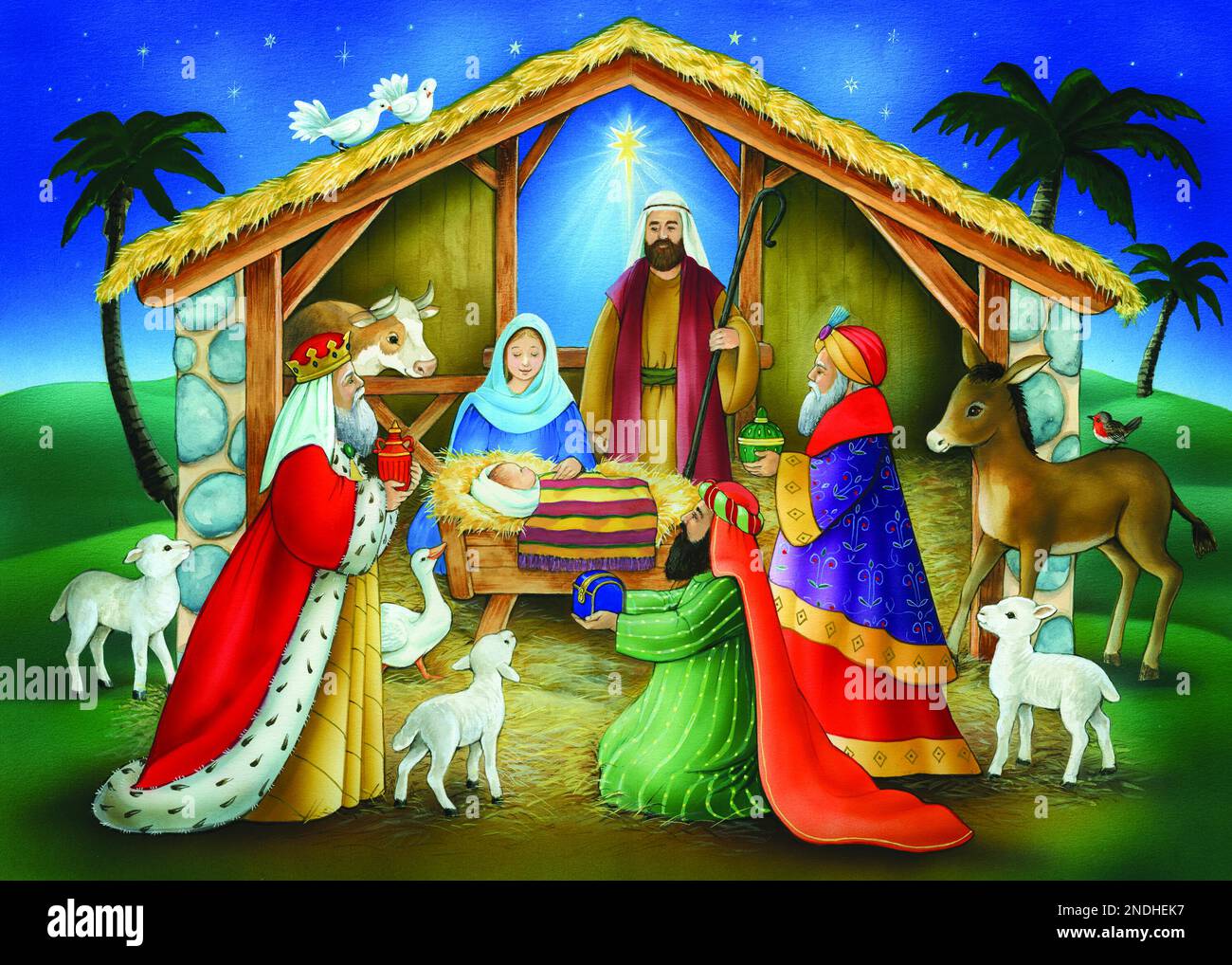Christmas Nativity scene in stable & 3 wisemen Stock Photo Alamy