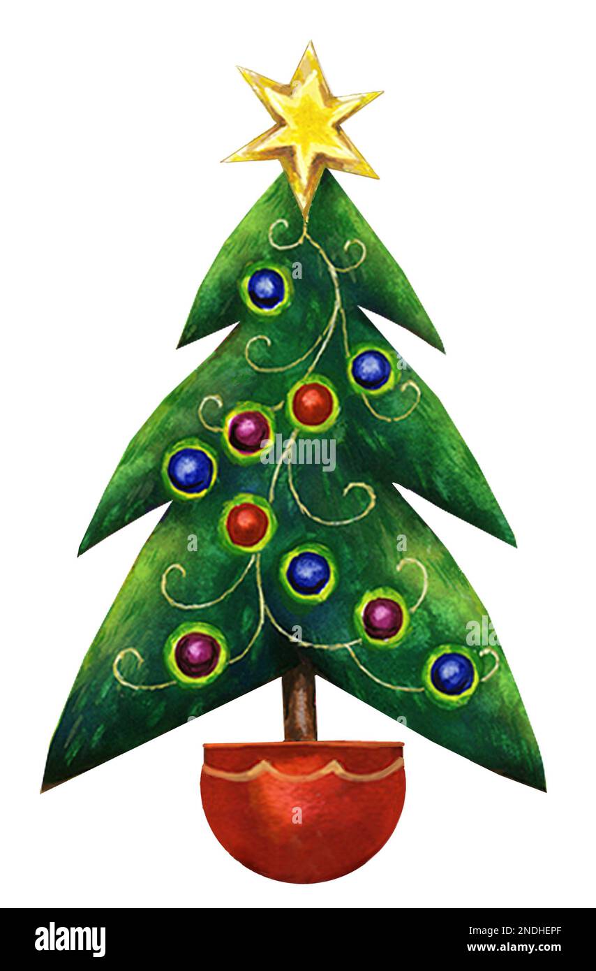 Christmas tree in pot contemporary with decorations & star Stock Photo