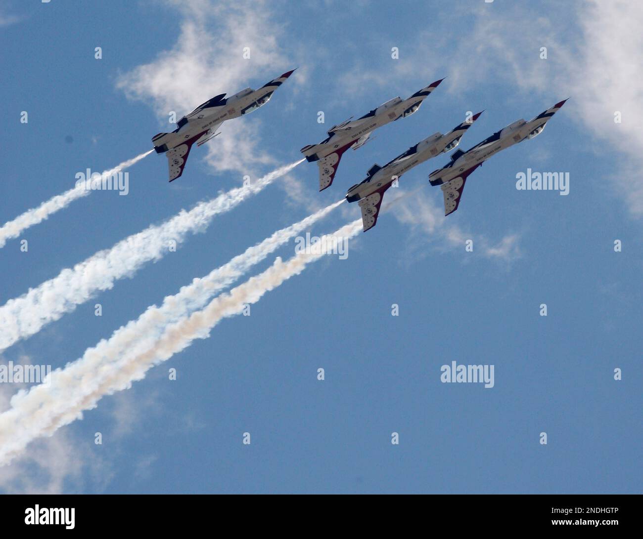 The U. S. Air Force Thunderbirds practice a maneuver during a rehearsal