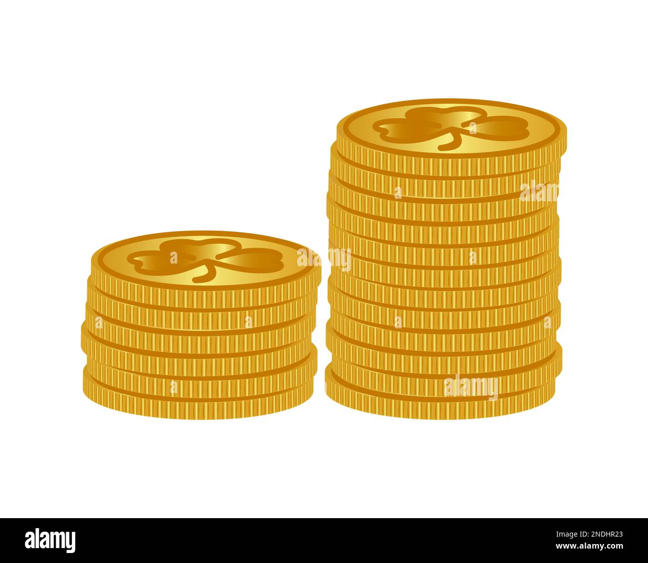 Stack of golden coins with clover isolated on white. Gold with shamrock. Vector illustration. Stock Vector