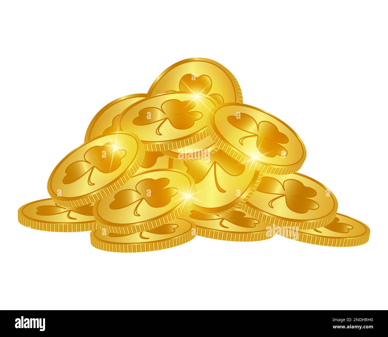 Golden coins with St. Patrick's Day shamrock. Gold coins 3d. Irish symbol of good luck. wealth. Vector illustration. Stock Vector