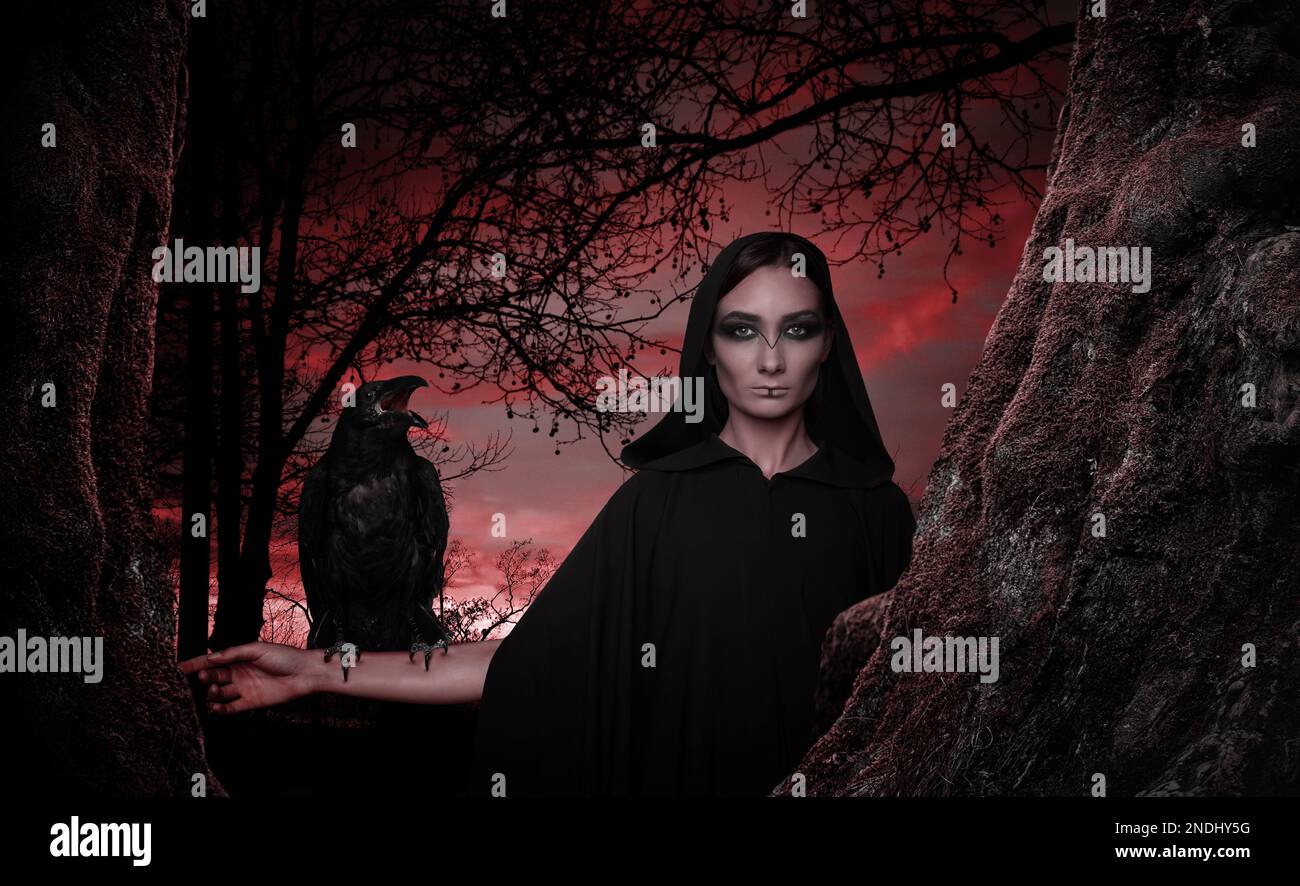 Mysterious witch with raven  in dark forest. Fantasy world Stock Photo