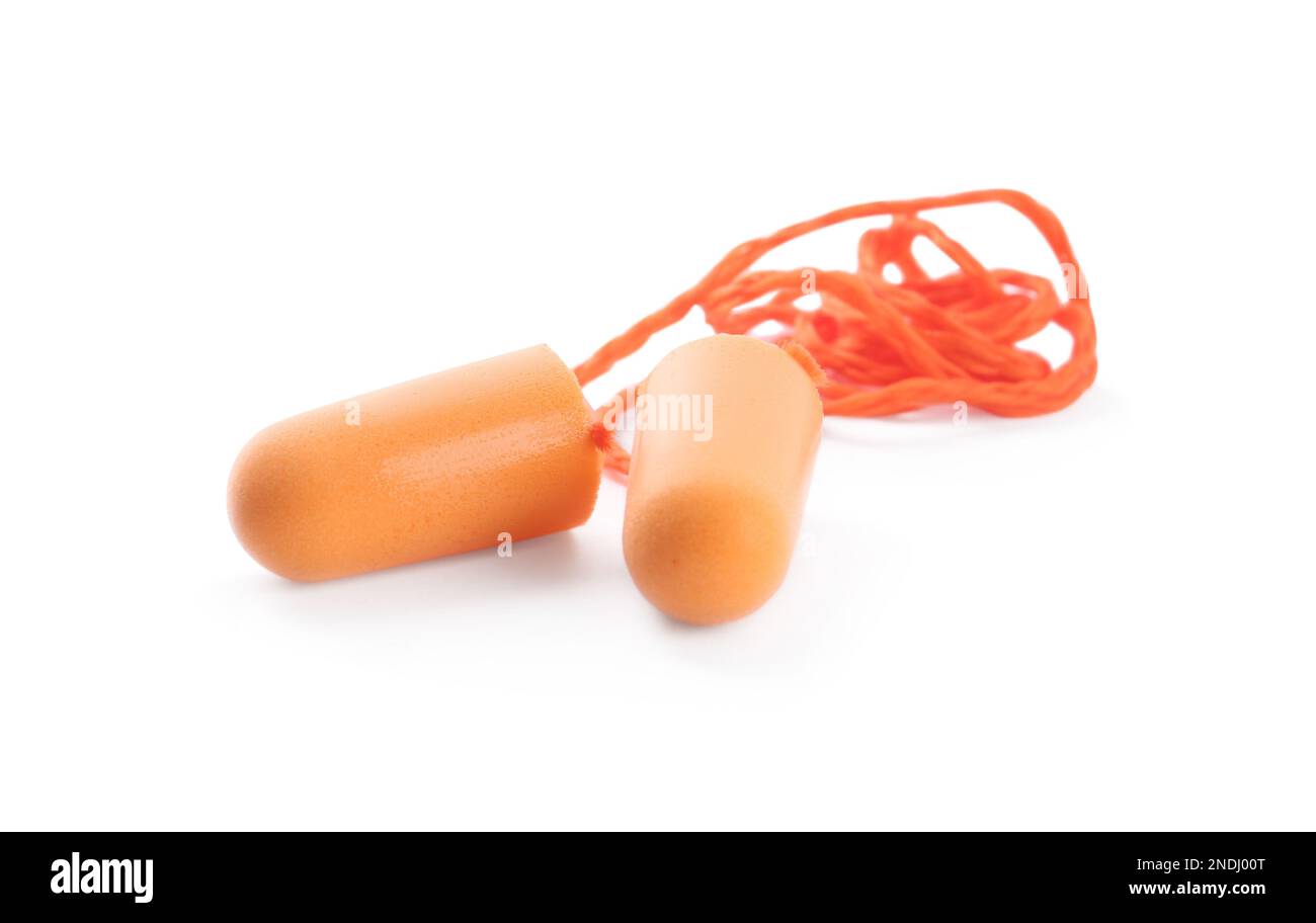 Pair of orange ear plugs isolated on white Stock Photo Alamy
