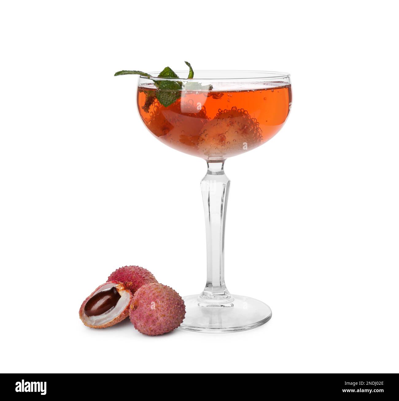 Lychee cocktail with fresh fruits and mint on white background Stock