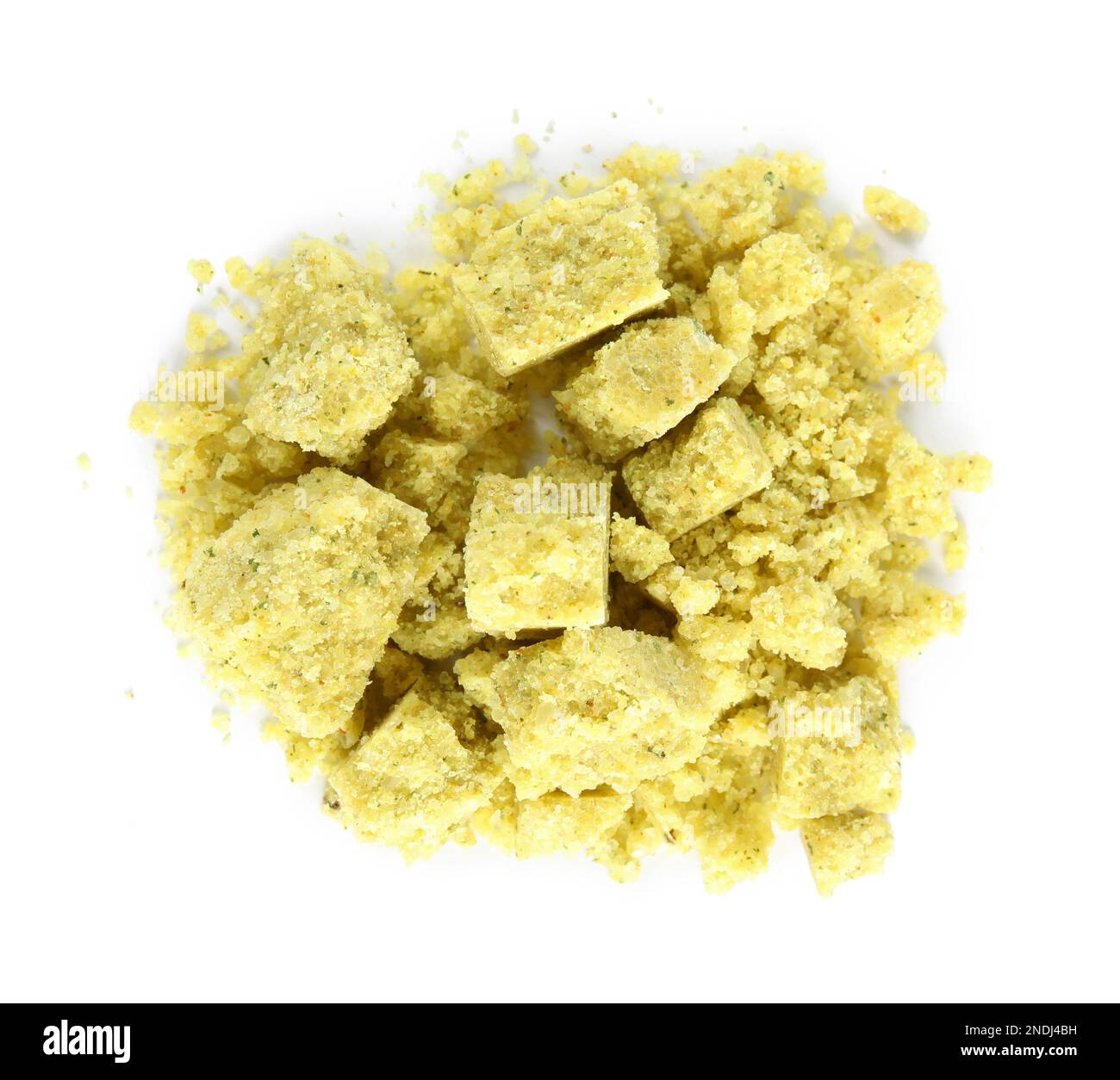 Aromatic crumbled bouillon cube on white background, top view Stock