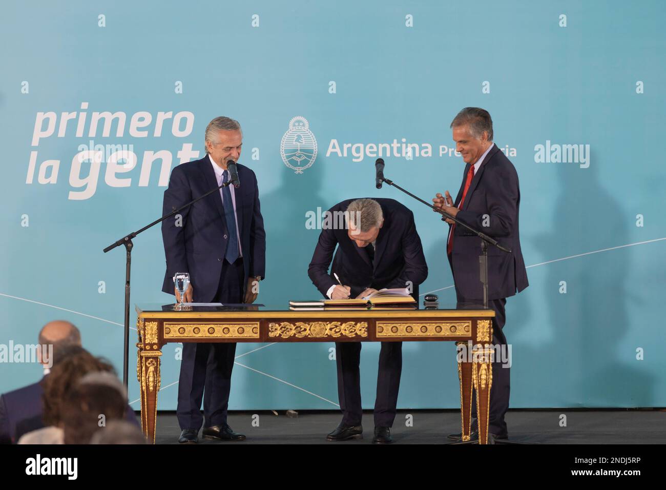 Buenos Aires, Argentina. 15th February, 2023. The President of the Nation Alberto Fernandez swore in the new Chief of Ministers of the Nation Agustín Rossi. Stock Photo