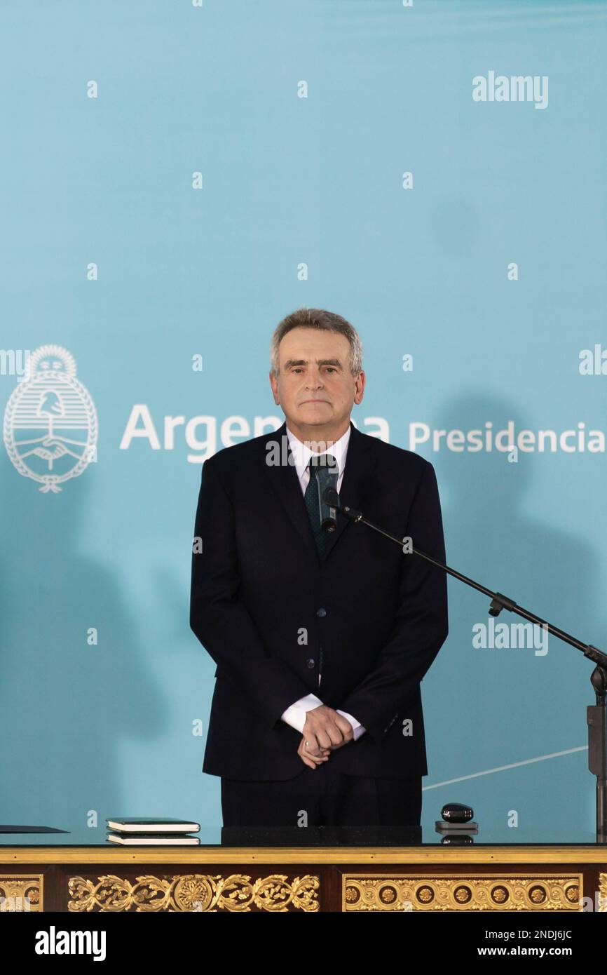 Buenos Aires, Argentina. 15th February, 2023. The President of the Nation Alberto Fernandez swore in the new Chief of Ministers of the Nation Agustín Rossi. Stock Photo