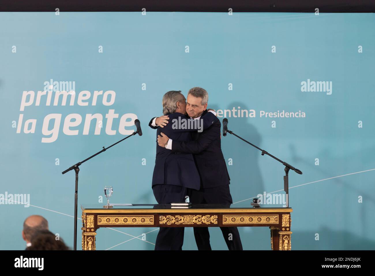 Buenos Aires, Argentina. 15th February, 2023. The President of the Nation Alberto Fernandez swore in the new Chief of Ministers of the Nation Agustín Rossi. Stock Photo