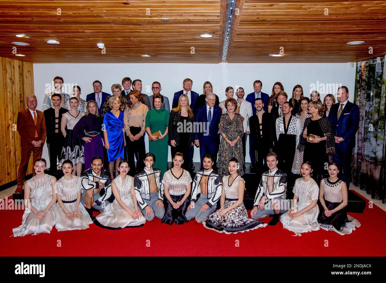 Princess Margriet of The Netherlands and Prof. mr. Pieter van Vollenhoven Prince Maurits and Princess Marilène and Lucas Prince Bernhard, Princess Annette and Isabella Prince Pieter-Christiaan and Princess Anita and Emma van Vollenhoven Prince Floris and Princess Aimée, Magali and Eliane Prince Constantijn and Princess Laurentien of The Netherlands King Willem-Alexander and Queen Maxima of The Netherlands Princess Irene van Lippe Biesterfeld and Princess Margarita de Bourbon de Parme and the dancers at Theater Orpheus in Apeldoorn, on February 15, 2023, after attended the performance Carmen.ma Stock Photo