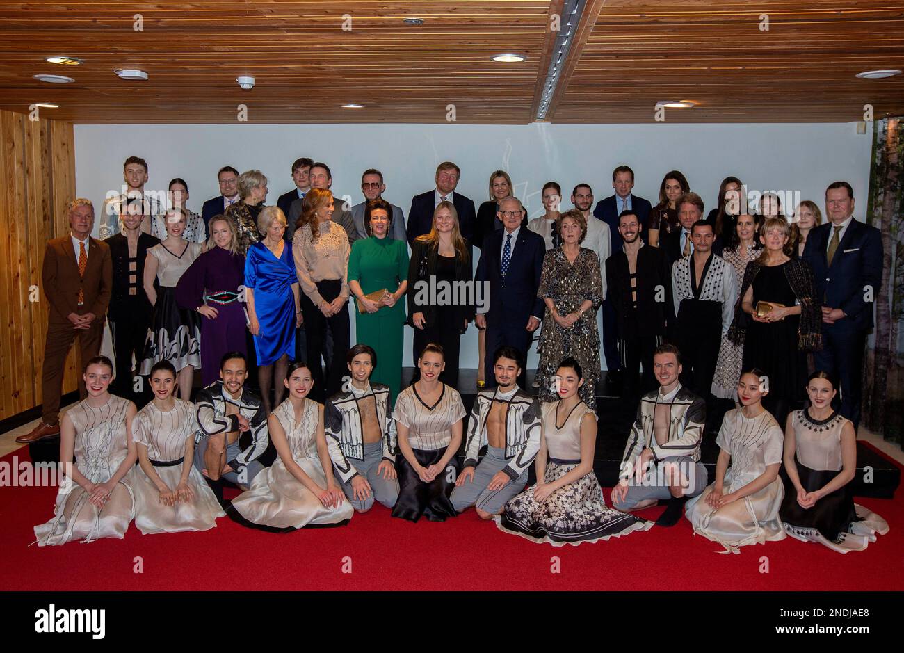 Princess Margriet of The Netherlands and Prof. mr. Pieter van Vollenhoven Prince Maurits and Princess Marilène and Lucas Prince Bernhard, Princess Annette and Isabella Prince Pieter-Christiaan and Princess Anita and Emma van Vollenhoven Prince Floris and Princess Aimée, Magali and Eliane Prince Constantijn and Princess Laurentien of The Netherlands King Willem-Alexander and Queen Maxima of The Netherlands Princess Irene van Lippe Biesterfeld and Princess Margarita de Bourbon de Parme and the dancers at Theater Orpheus in Apeldoorn, on February 15, 2023, after attended the performance Carmen.ma Stock Photo