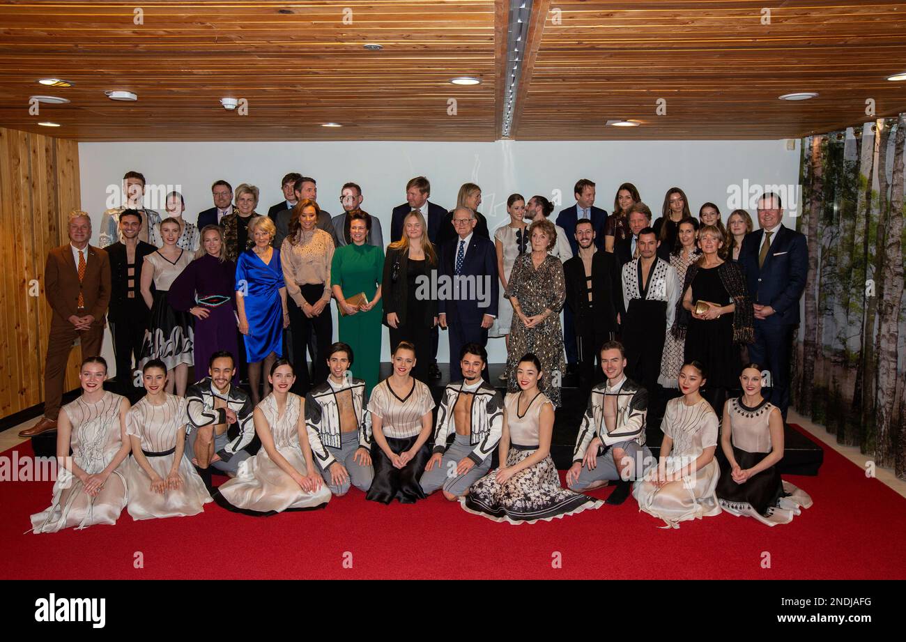 Princess Margriet of The Netherlands and Prof. mr. Pieter van Vollenhoven Prince Maurits and Princess Marilène and Lucas Prince Bernhard, Princess Annette and Isabella Prince Pieter-Christiaan and Princess Anita and Emma van Vollenhoven Prince Floris and Princess Aimée, Magali and Eliane Prince Constantijn and Princess Laurentien of The Netherlands King Willem-Alexander and Queen Maxima of The Netherlands Princess Irene van Lippe Biesterfeld and Princess Margarita de Bourbon de Parme and the dancers at Theater Orpheus in Apeldoorn, on February 15, 2023, after attended the performance Carmen.ma Stock Photo