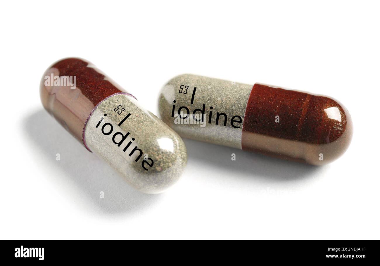 Iodine capsules on white background. Mineral element Stock Photo Alamy