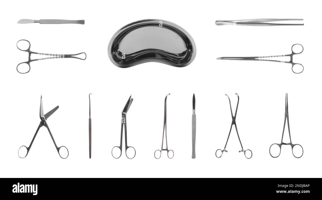 Set with different surgical instruments on white background. Banner design Stock Photo