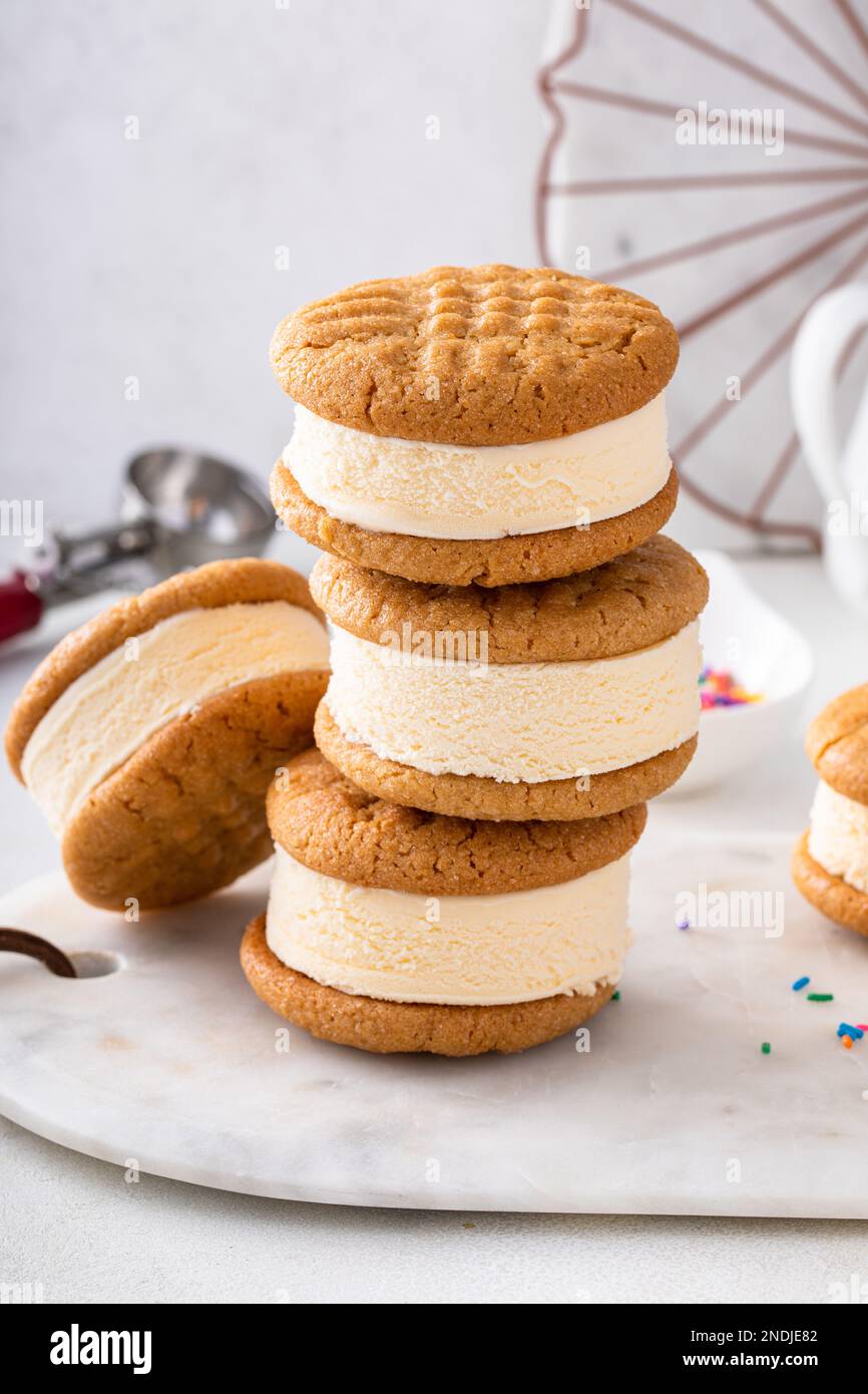 Ice cream sandwiches with vanilla ice cream and peanut butter cookies