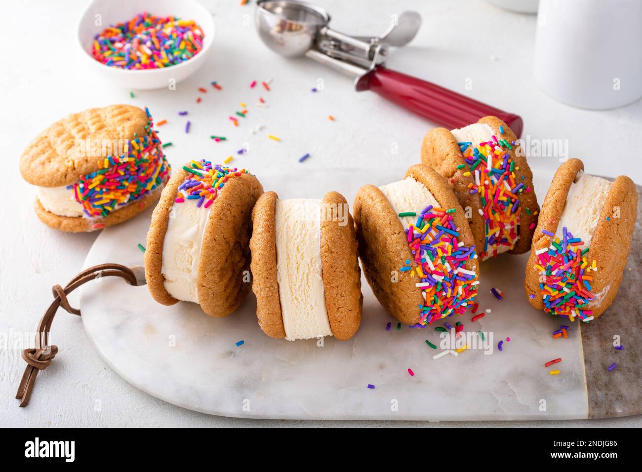 Ice cream sandwiches with vanilla ice cream and peanut butter cookies