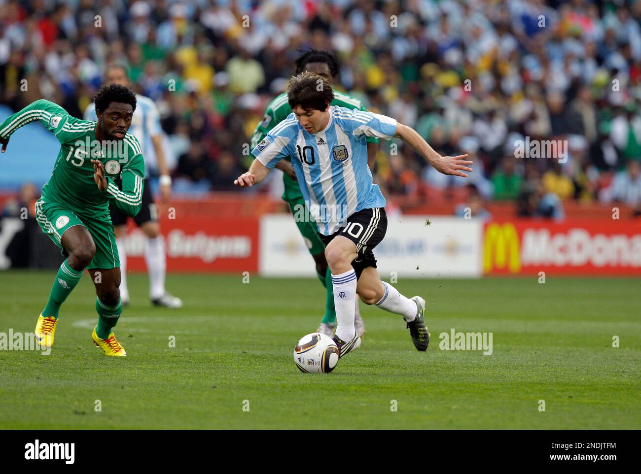 Argentina's Lionel Messi controls the ball during the World Cup group B  soccer match between Argentina and Nigeria at Ellis Park Stadium in  Johannesburg, South Africa, on Saturday, June 12, 2010. (AP, image size:1300x962