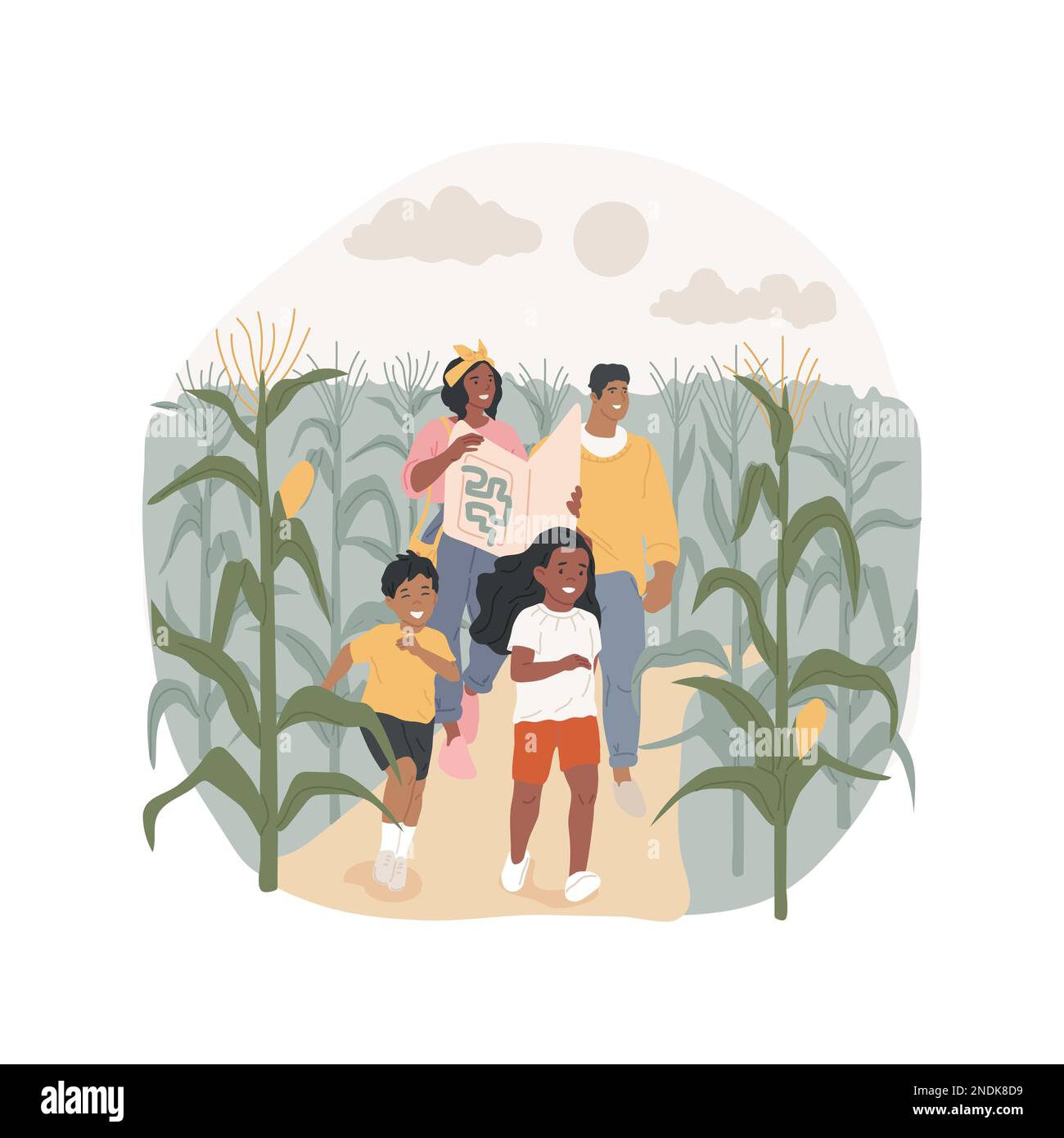 Corn maze isolated cartoon vector illustration. Family leisure time, labyrinth in a field, walking together in a corn maze, outdoor activity for children, one day farm trip vector cartoon. Stock Vector