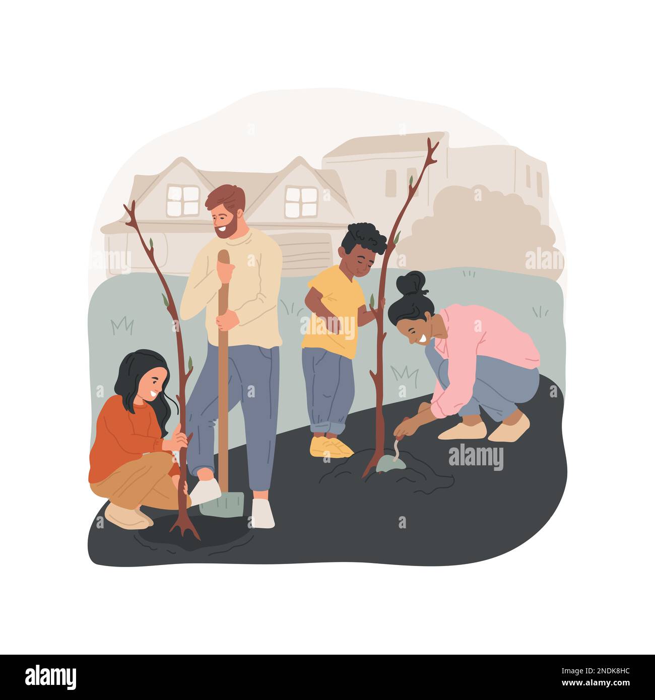 Tree planting isolated cartoon vector illustration. Neighbors planting