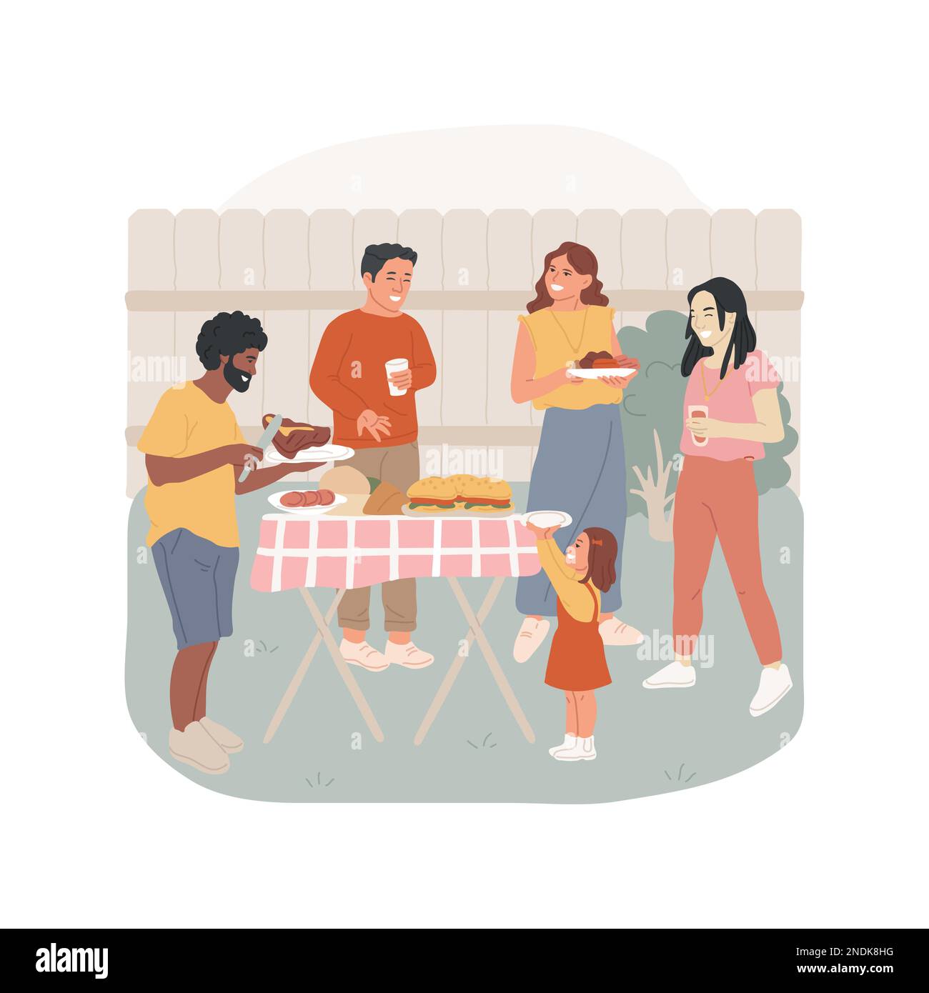 Neighbors meeting isolated cartoon vector illustration. Diverse people around the table outdoors, holding plates in hands, friendly meeting, local food fest, neighbor gathering vector cartoon. Stock Vector