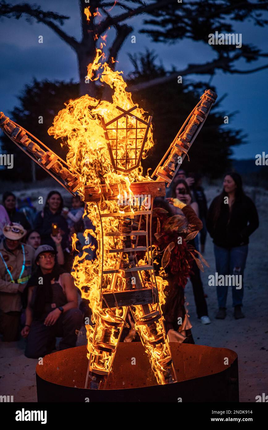 The Man burns at MPYRE, the regional Burning Man event for Monterey CA Stock Photo