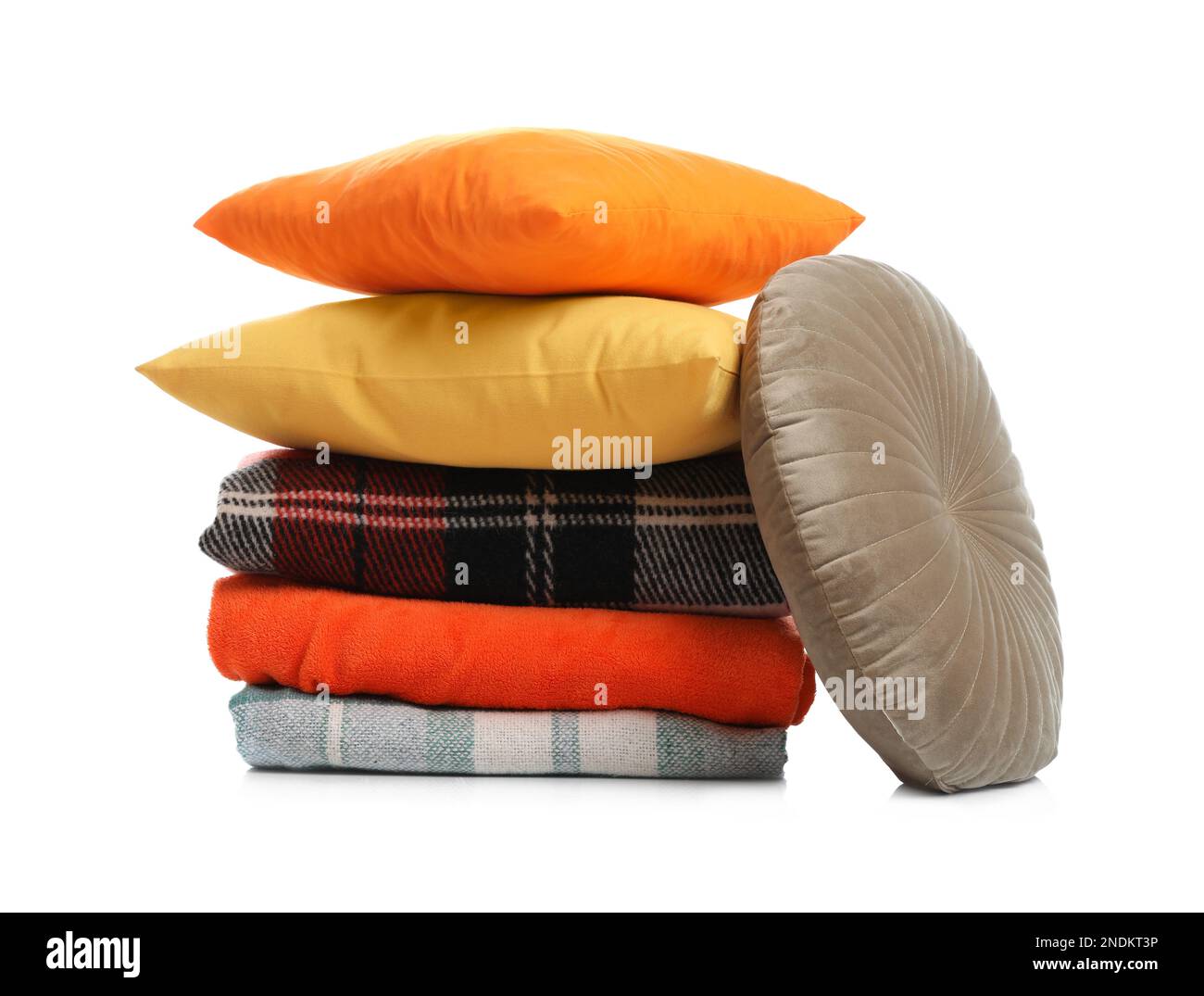 Stylish soft pillows and blankets on white background Stock Photo