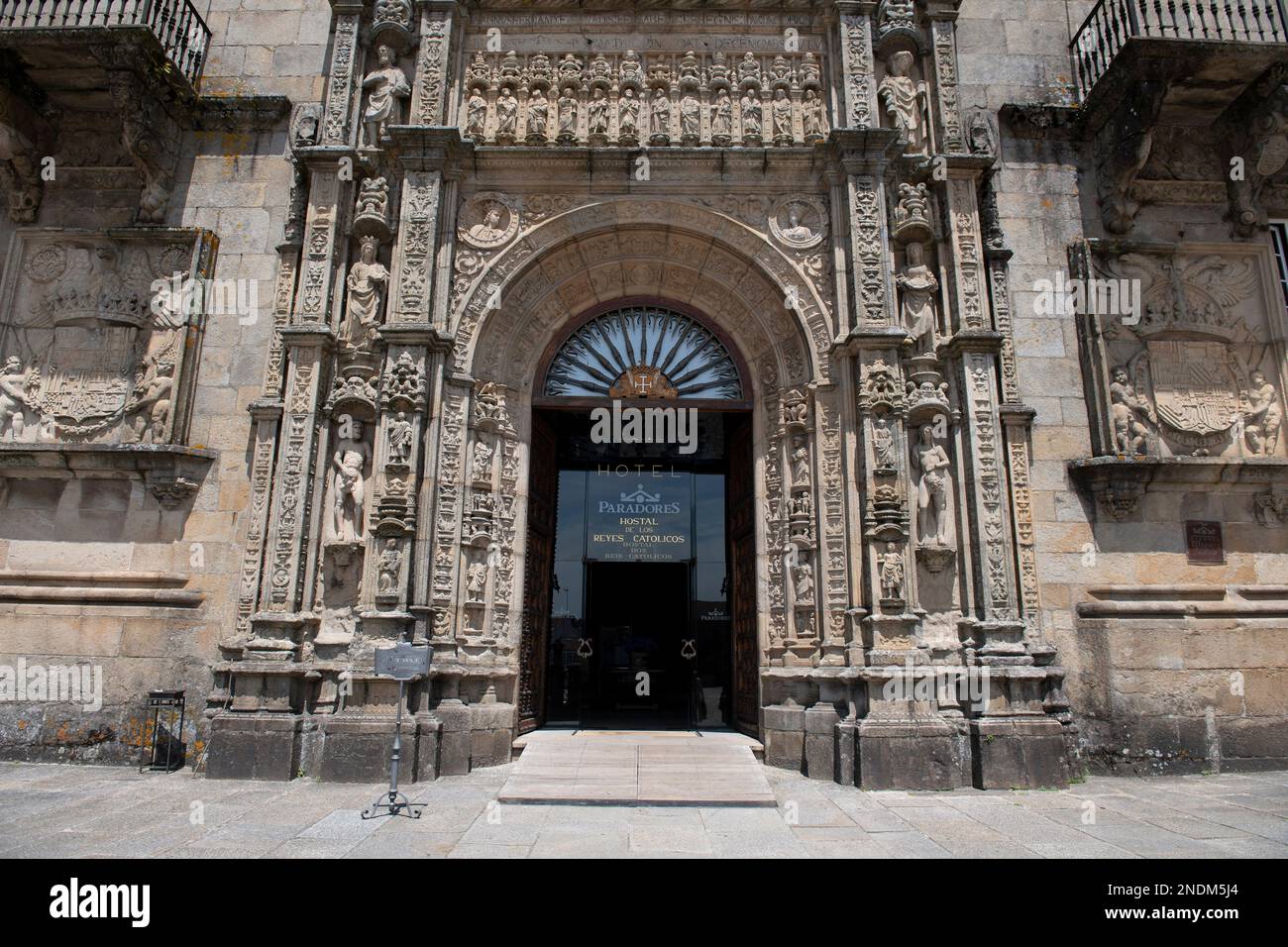 Entrance and facade, Hotel Parador Santiago de Compostela, Plaza del Obradoiro, Santiago de Compostela, Galicia, Spain, Europe Stock Photo