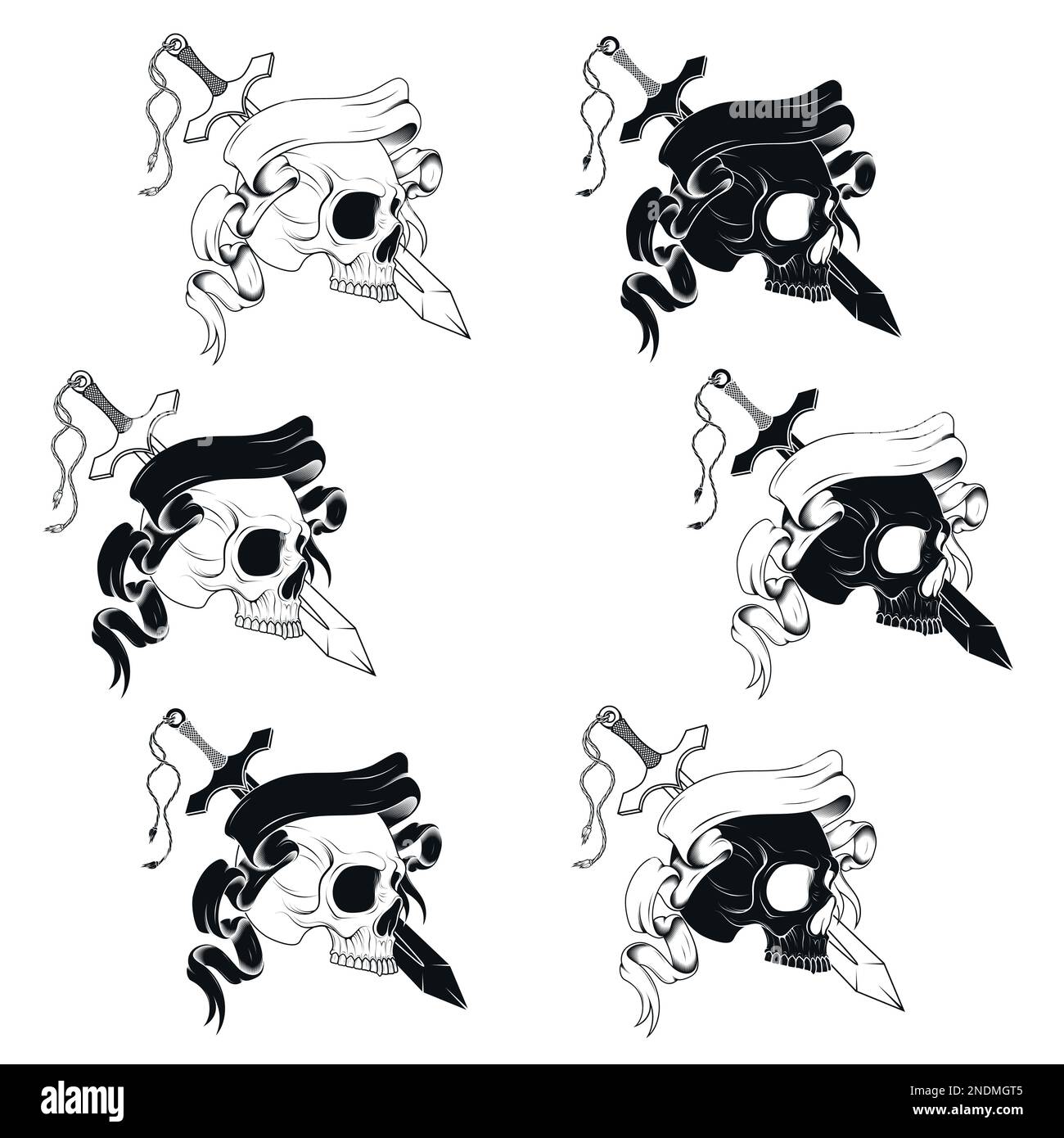 Illustration skull in profile with sword and ribbon. traditional art. grayscale Stock Vector