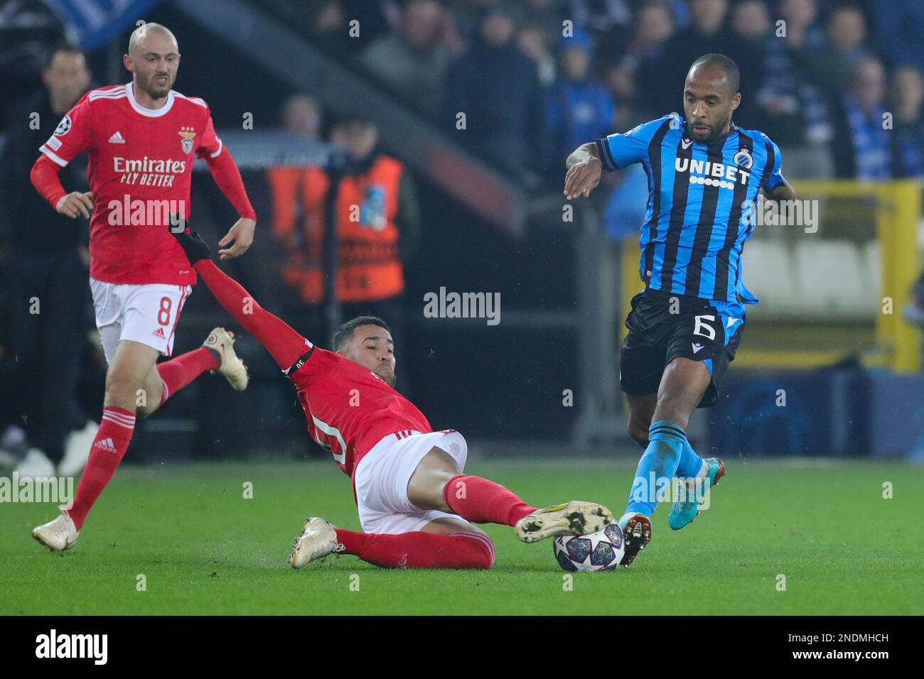 Bruges, Belgium. 15th Feb, 2023. Nicolas Otamendi (C) of Benfica vies