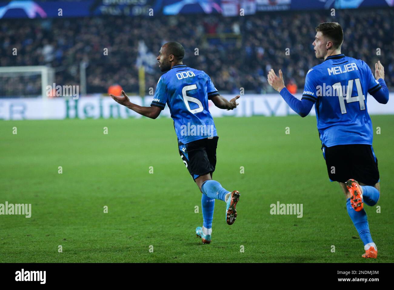Bruges, Belgium. 15th Feb, 2023. Denis Odoi (L) of Club Brugge reacts