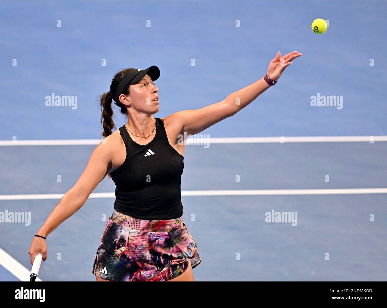 Doha, Qatar. 15th Feb, 2023. Jessica Pegula of the United States serves ...