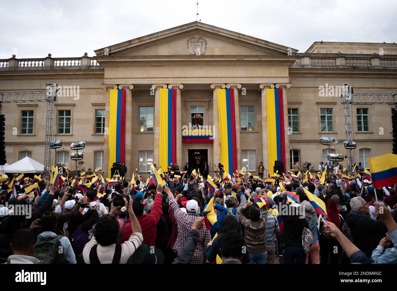 People gather at the presidential palace 'Casa de Nariño' during a demonstration to support Colombian government reforms in Bogota, Colombia on February 14, 2023. Photo by: Daniel Romero/Long Visual Press Stock Photo