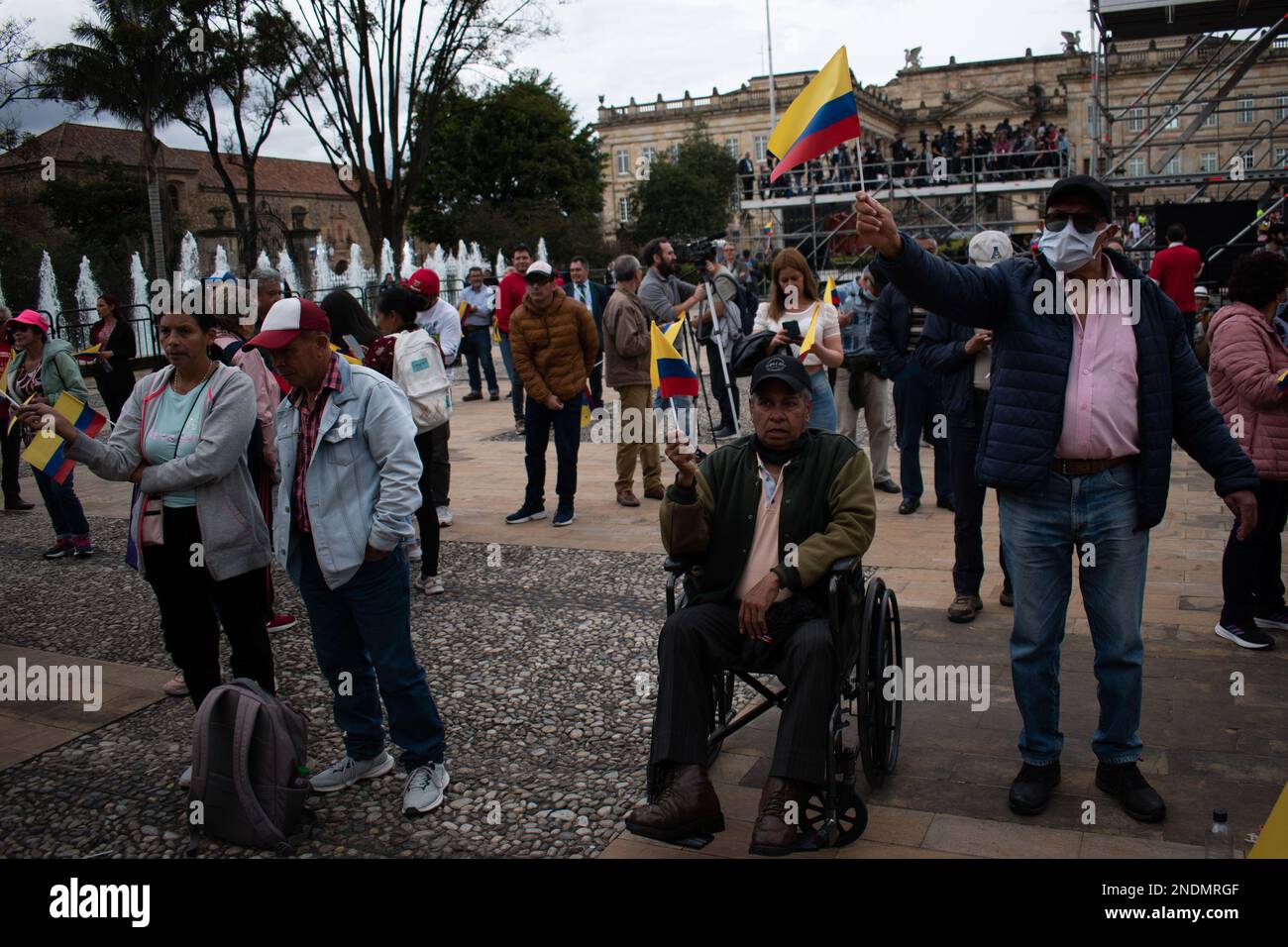 People gather at the presidential palace 'Casa de Nariño' during a demonstration to support Colombian government reforms in Bogota, Colombia on February 14, 2023. Photo by: Daniel Romero/Long Visual Press Stock Photo