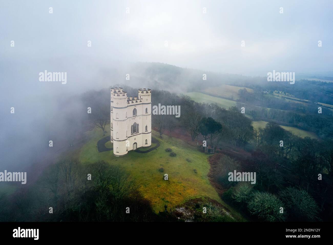 Misty morning over Haldon Belvedere from a drone, Lawrence Castle