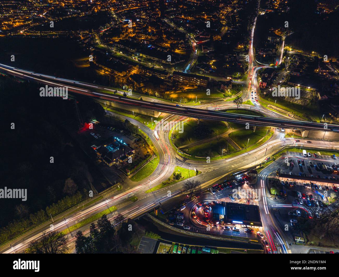 Night Top Down over Penn Inn Flyover and Roundabout from a drone Newton Abbot, Devon, England Stock Photo