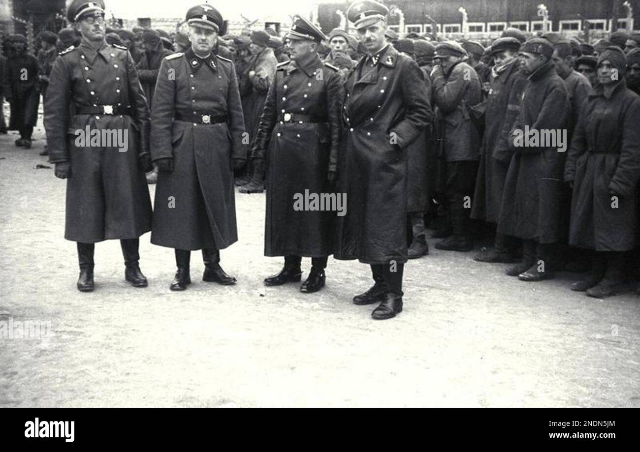 Members of the Totenkopf camp guards unit at Mauthausen concentration camp. The prisoners can be seen lined up in the background. The Totenkopf guards unit were a separate unit within the SS and were responsible for the running of the concentration and extermination camps. They are distinguished by the death's head emblem on their lapel. The 3rd SS Panzer division carried the name Totenkopf but were a fighting unit not involved in the administration of the camps. By Bundesarchiv, Bild 183-78612-0010 / CC-BY-SA 3.0, CC BY-SA 3.0 de, https://commons.wikimedia.org/w/index.php?curid=5431255 Stock Photo