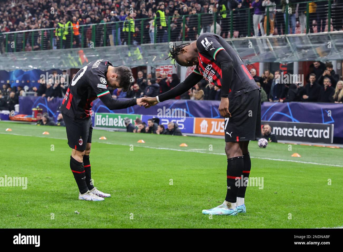 Brahim Diaz of AC Milan celebrates after scoring a goal with Rafael ...