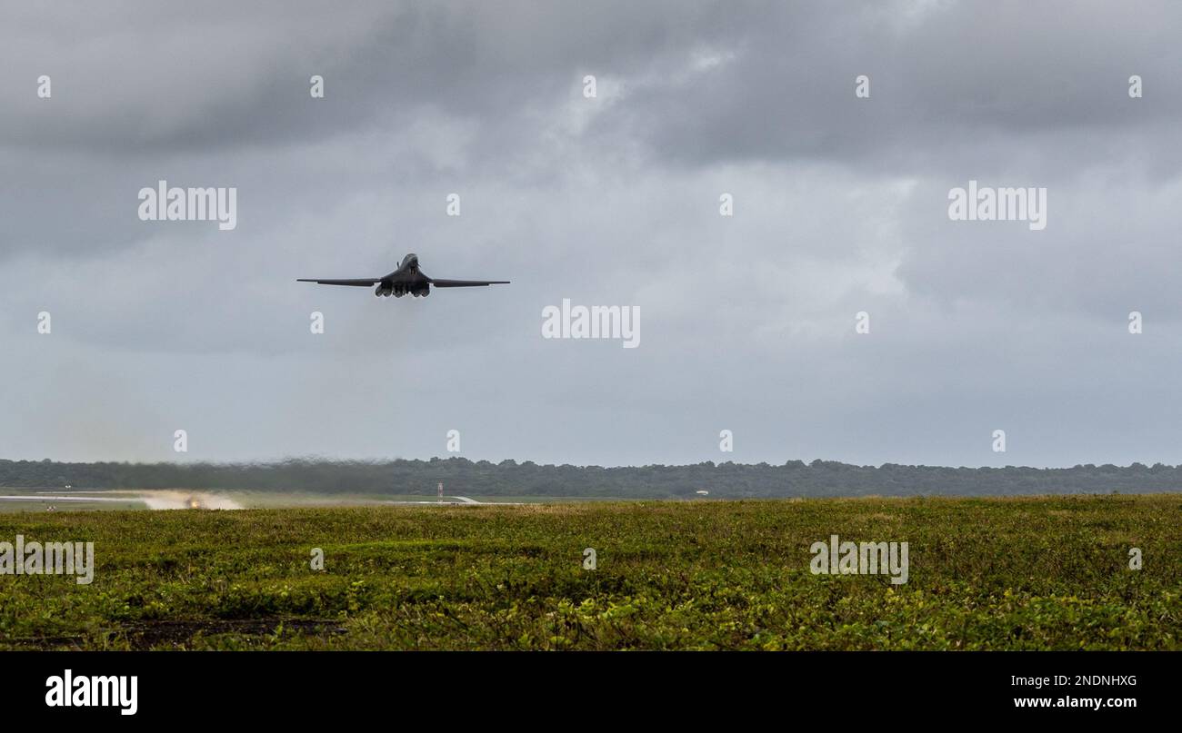 A U.S. Air Force B-1B Lancer, assigned to the 34th Expeditionary Bomb Squadron, takes off from Andersen Air Force Base, Guam in support of Cope North 23, Feb. 10, 2023. Exercises like Cope North allow the Pacific Air Forces to validate new ways to deploy and maneuver assets. (U.S. Air Force photo by Airman 1st Class Yendi Borjas) Stock Photo