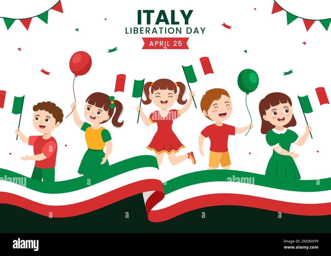 Italy Liberation Day Illustration with Kids, Holiday Celebrate on April 25 and Wave Flag Italian in Flat Cartoon Hand Drawn for Landing Page Templates Stock Vector