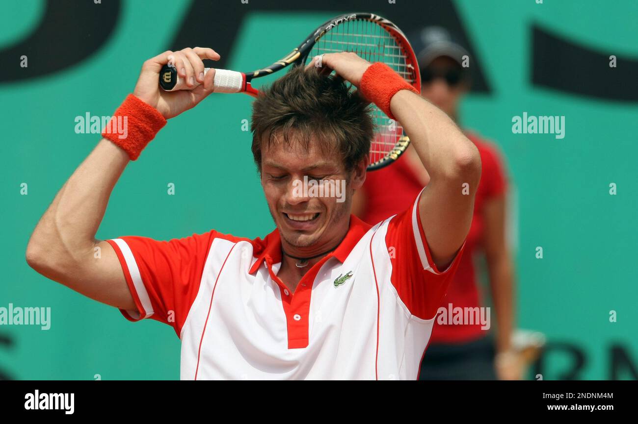 Nicolas Mahut, of France, reacts after beating Dick Norman, of Belgium,  during their semifinal match at the Hall of Fame Tennis Championships  Saturday, July 14, 2007 in Newport, R.I. (AP Photo/Kevin Martin
