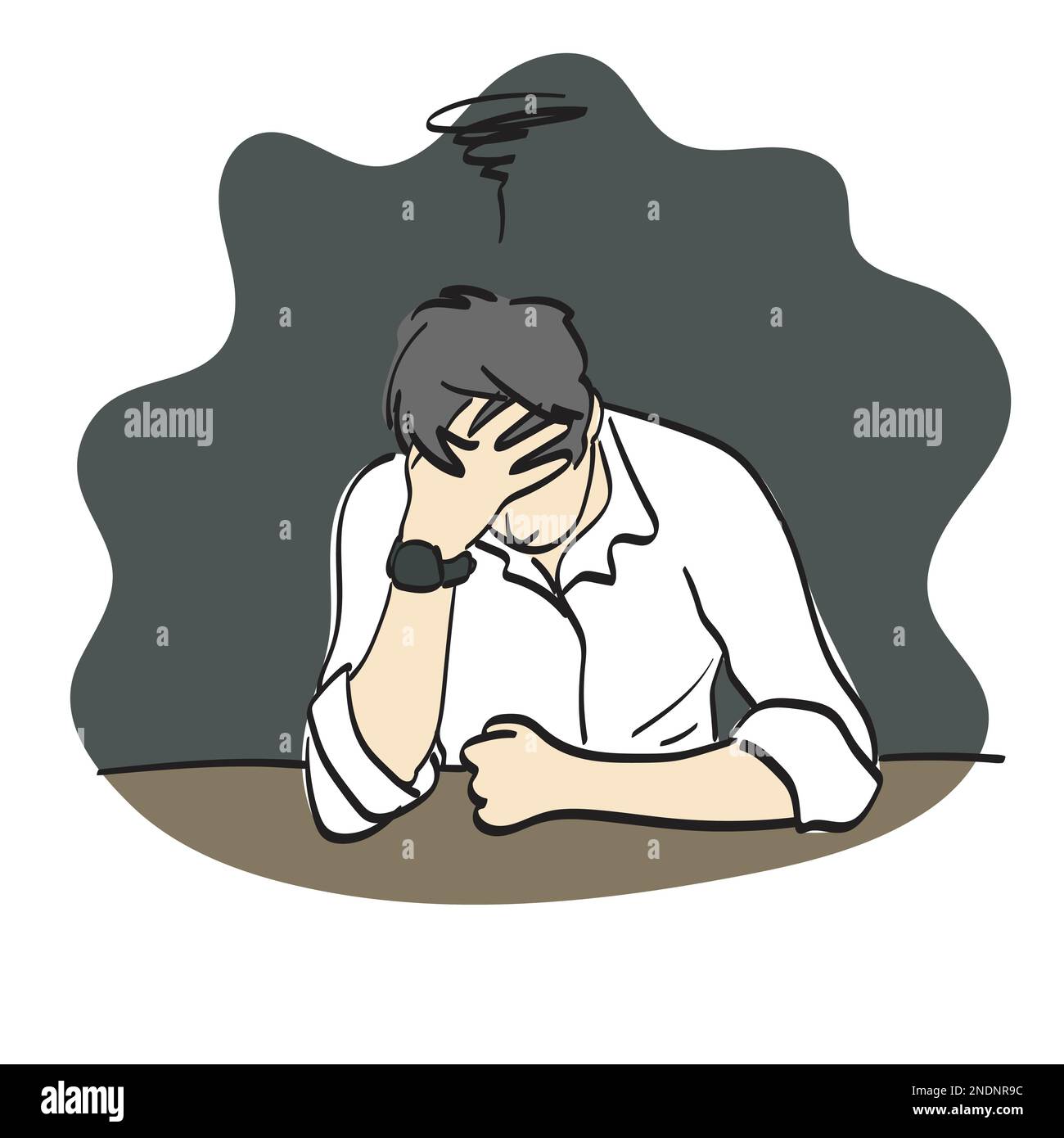 line art depressed businessman holding head in hand illustration vector