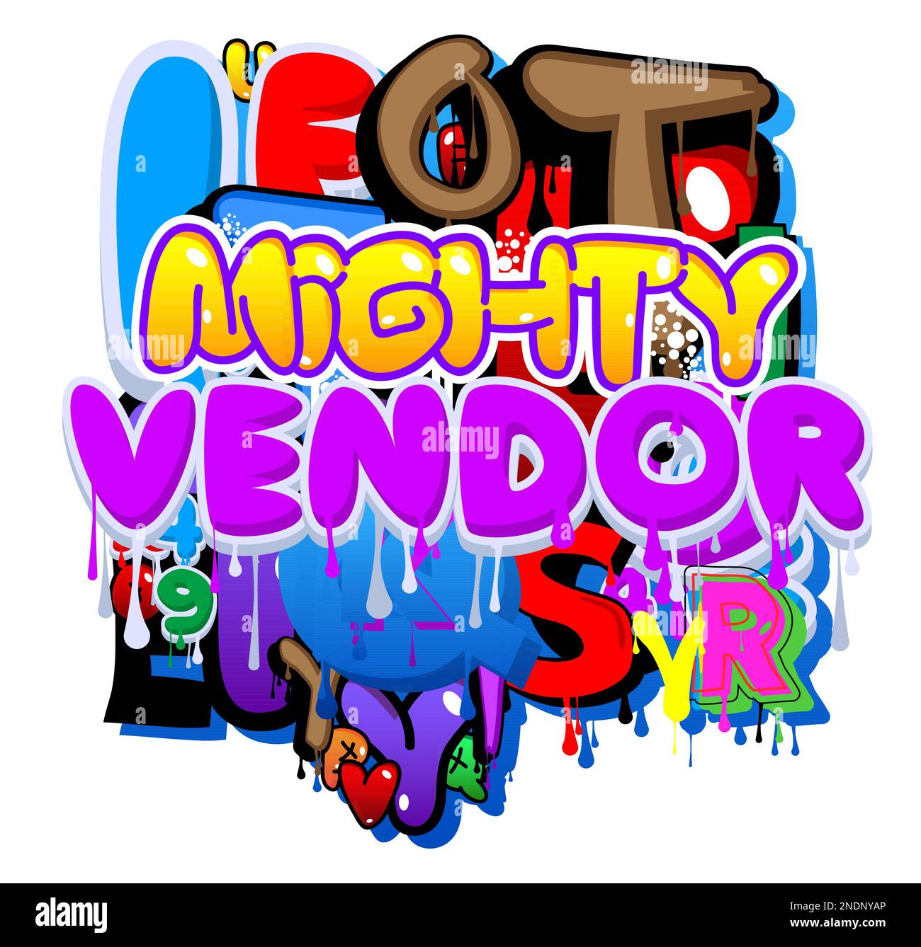 Mighty Vendor. Graffiti tag. Abstract modern street art decoration performed in urban painting style. Stock Vector