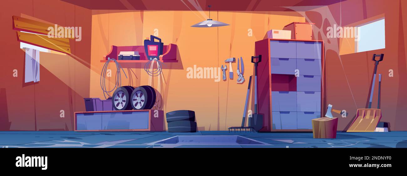 Dirty garage interior background. Empty abandoned workshop or storage room inside house cartoon illustration. Basement storeroom with spider web and a Stock Vector