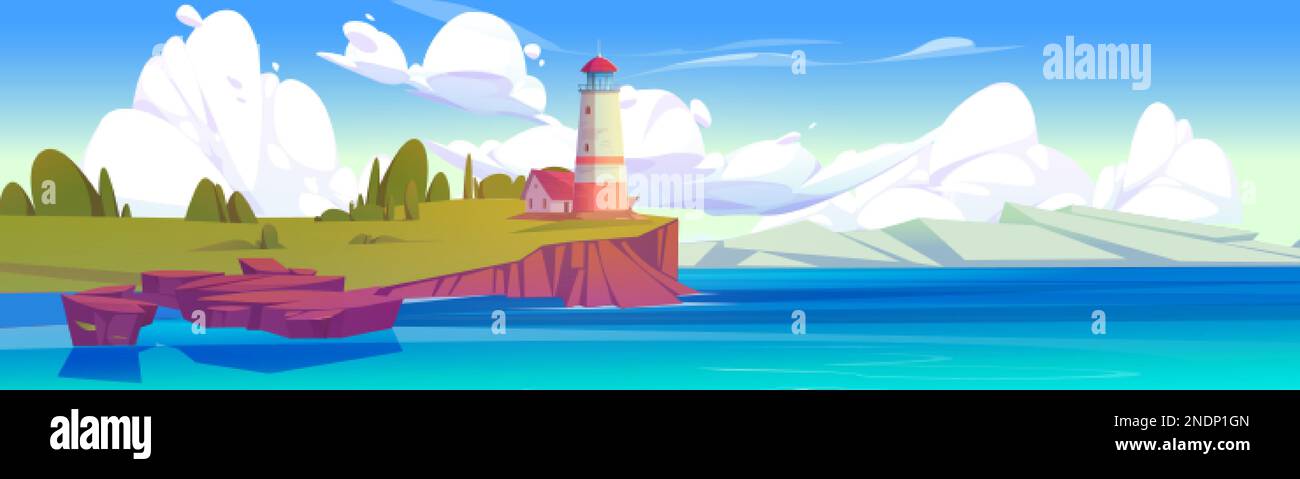 Lighthouse on sea coast. Summer landscape of ocean beach with beacon ...