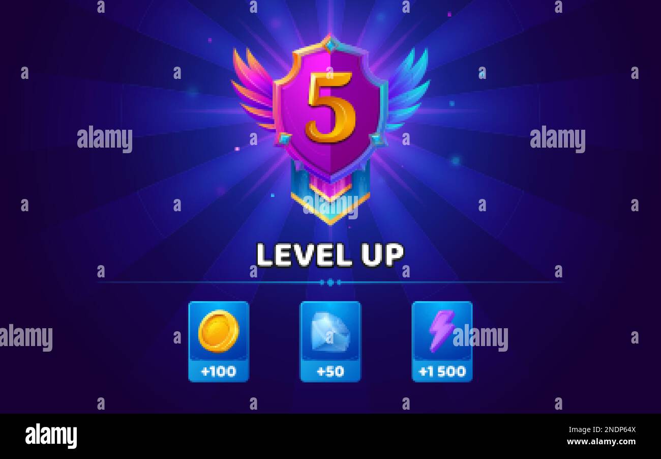 Level up banner for game ui. Reward badge for win with bonus of gold ...