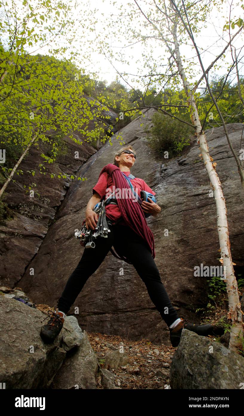 Rock climbing guide Karen Stolz poses in Keene, N.Y., on Friday, May 14, 2010. (AP Photo/Mike