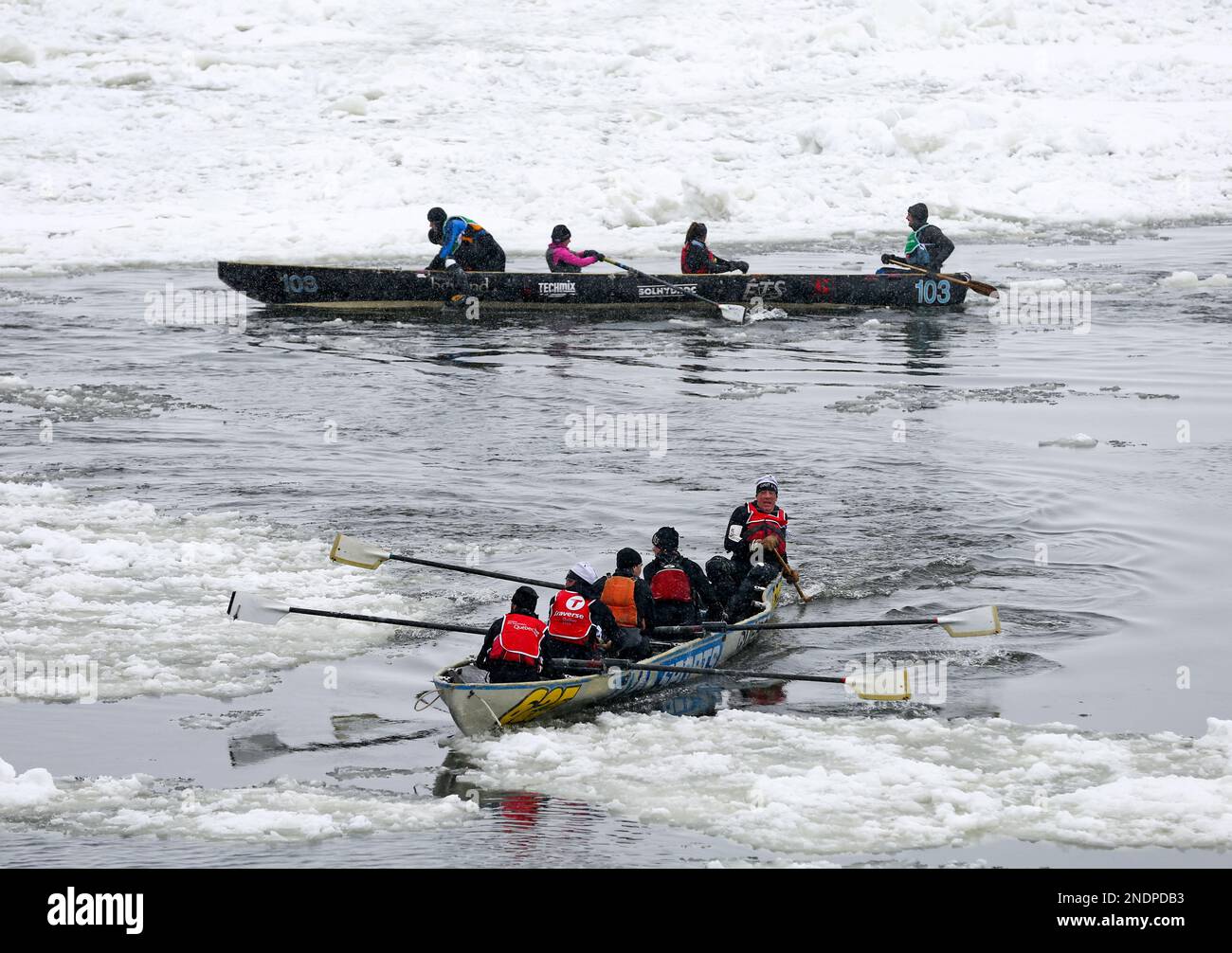 Quebec, Canada - February 5, 2023 : This is the Quebec Ice Canoe Race Competition that happens on the St.Lawrence River every winter. Stock Photo