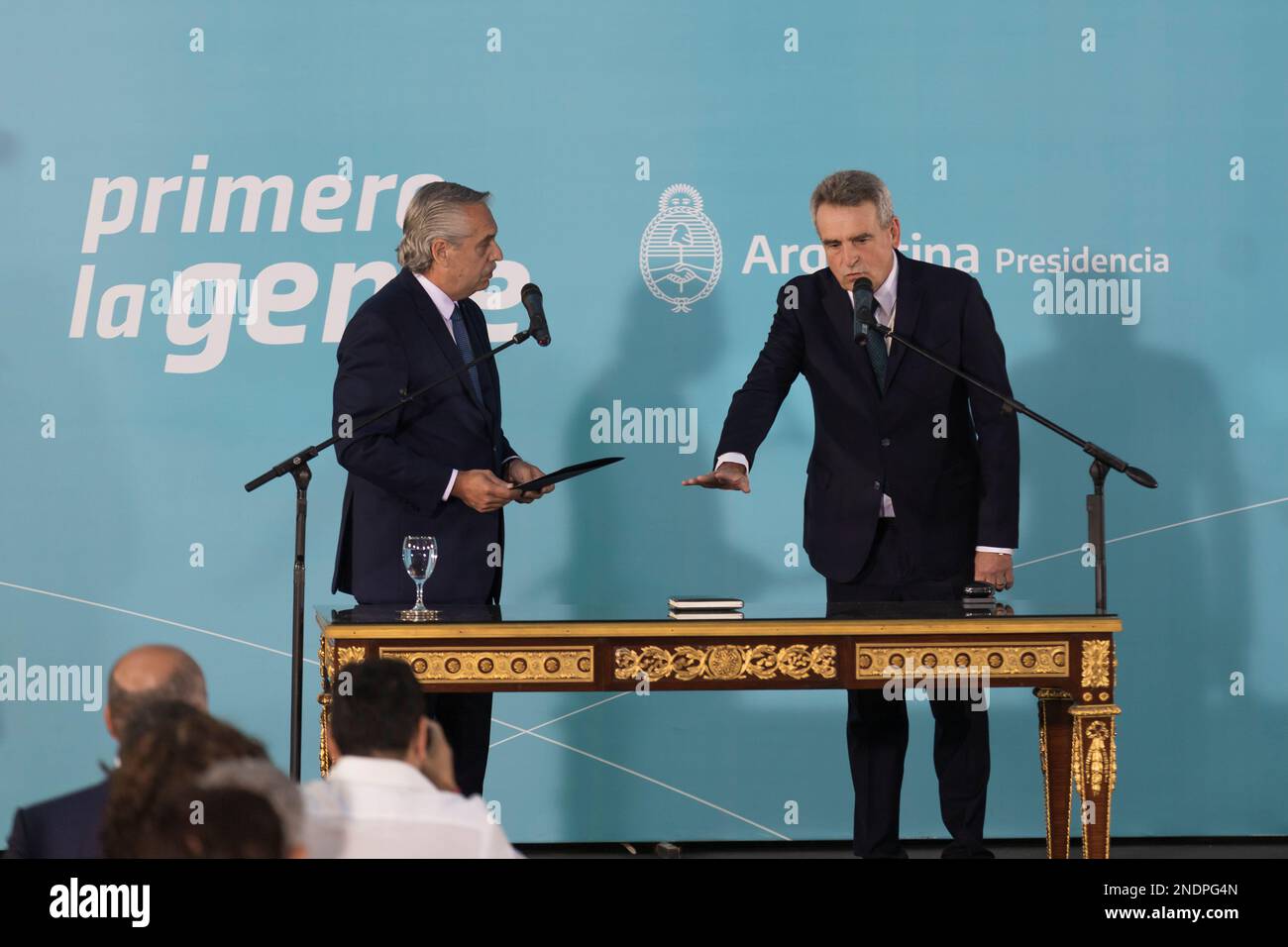 Buenos Aires, Argentina. 15th Feb, 2023. The President of the Nation Alberto Fernandez swore in the new Chief of Ministers of the Nation Agustín Rossi at the Government House. (Photo by Esteban Osorio/Pacific Press) Credit: Pacific Press Media Production Corp./Alamy Live News Stock Photo